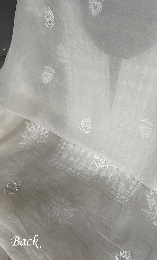 Women's Lakhnavi Handcrafted Pure Organza Chikankari Unstitched Kurta And Dupatta Set- HONC0307956