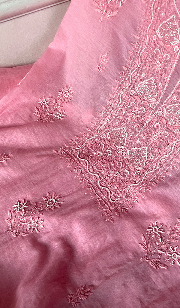 Women's Lakhnavi Handcrafted Mul Chanderi Unstitched Chikankari Full Suit Material - HONC0314660