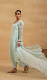 将图像加载到图库查看器中， Women's Lucknowi Handcrafted Pure Organza Silk Stitched Chikankari Kurta, Dupatta With Pant Set- HONC0543190
