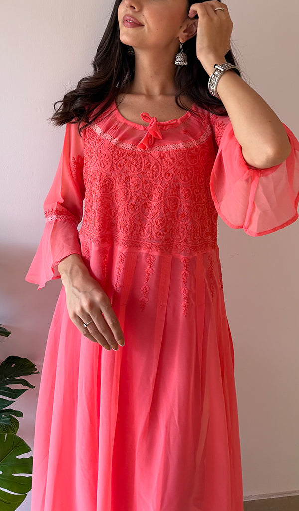 Aadab Women's Lucknowi Handcrafted Faux-Georgette Chikankari Anarkali Dress - NC038960