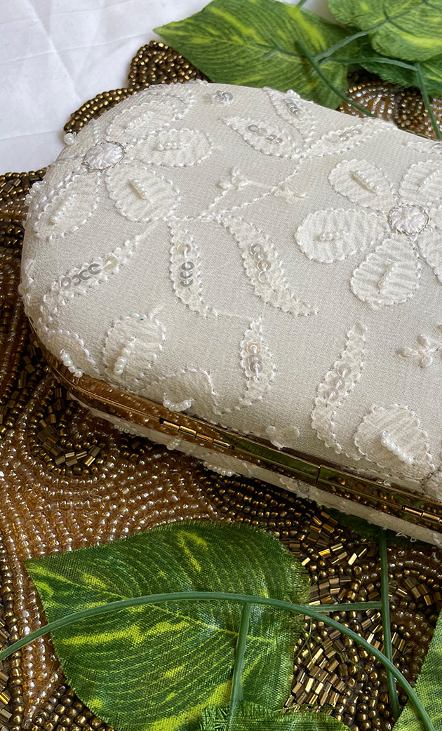 White Handcrafted Chikankari Clutch with Golden Chain - HONC0232412