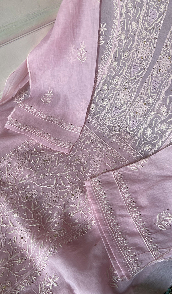 Women's Lucknowi Handcrafted Mul Chanderi Semi - stitched Chikankari Full Set - HONC0296118