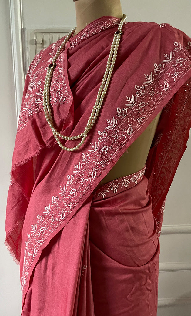 Women's Lakhnavi Handcrafted Munga Silk Chikankari Saree - HONC0307133