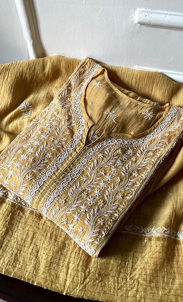 Women's Lakhnavi Handcrafted Mul Chanderi Semi - stitched Chikankari Full Suit Material - HONC0323618