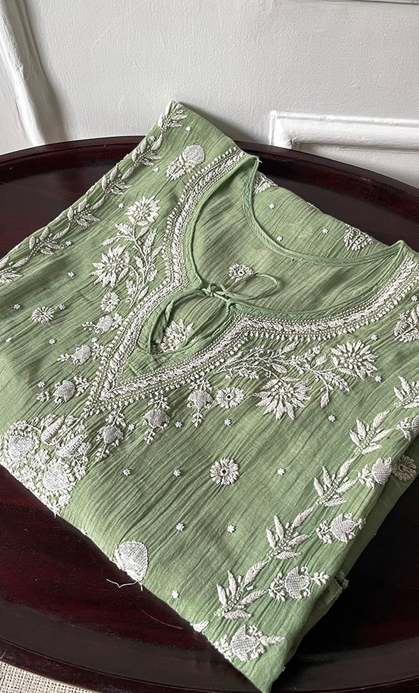 Rabia Women's Lucknowi Handcrafted Mul chanderi Chikankari Kaftan - HONC0310788