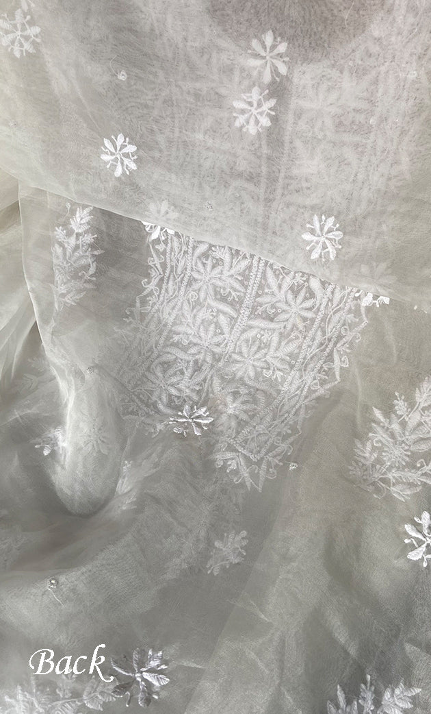 Women's Lakhnavi Handcrafted Organza Chikankari Unstitched Kurta and Dupatta set- HONC0249873