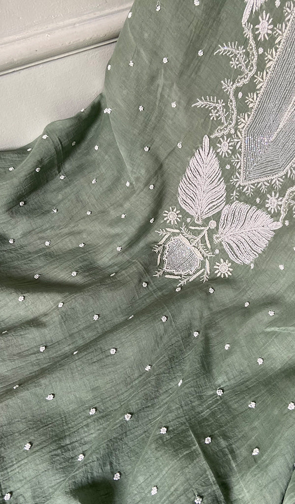 Women's Lakhnavi Handcrafted Mul Chanderi Unstitched Kurta And Dupatta Set- HONC0355598