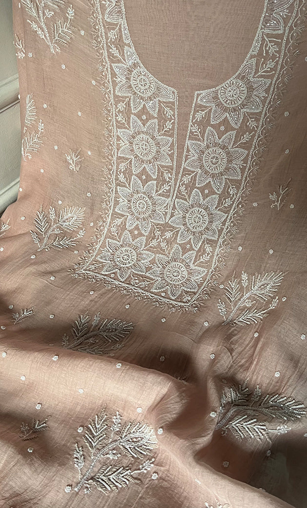 Women's Lakhnavi Handcrafted Mul Chanderi Unstitched Kurta And Dupatta Set- HONC0319474