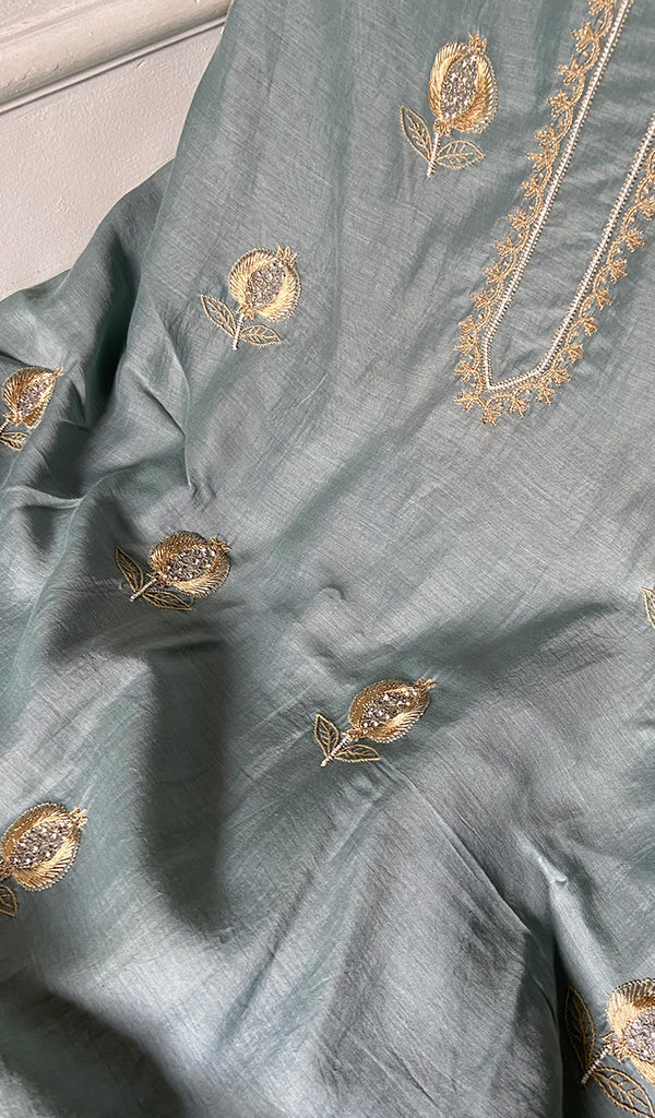 Mahira Women's Lakhnavi Handcrafted Mul Chanderi Unstitched Chikankari Full Suit - HONC0355239