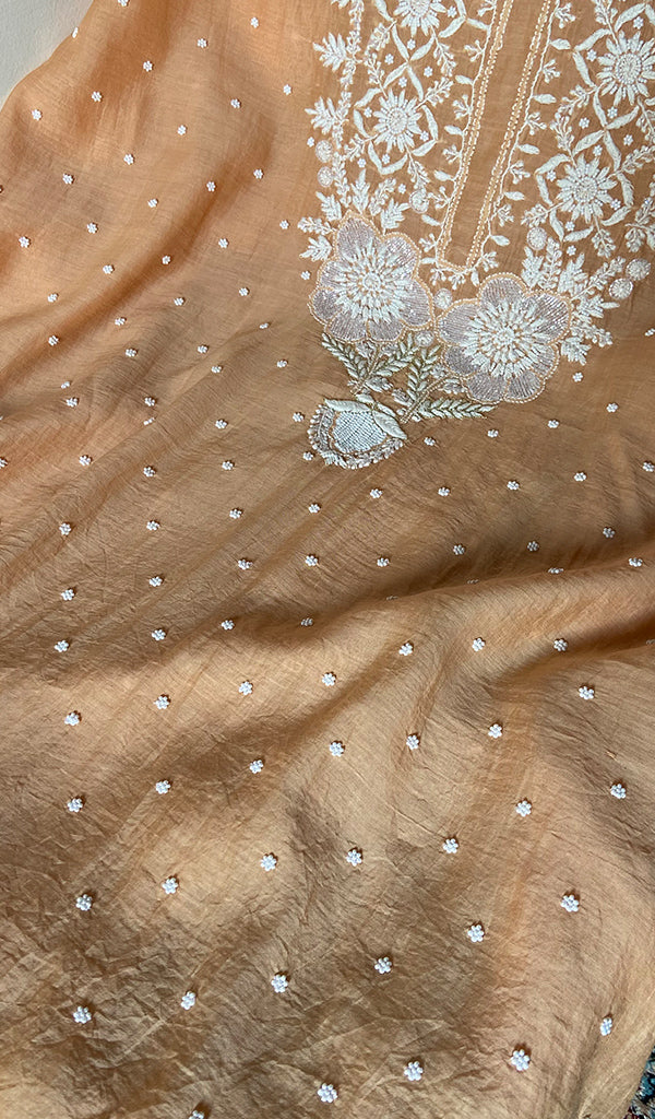 Jazba Women's Lakhnavi Handcrafted Mul Chanderi Unstitched Kurta And Dupatta Set - HONC0339838