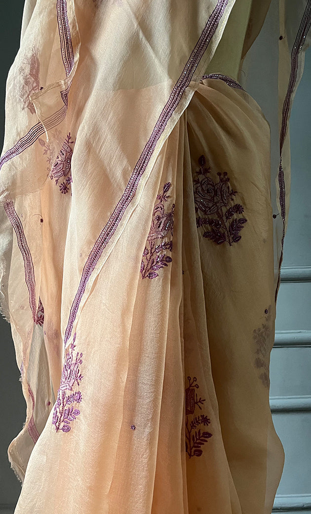 Women's Lucknowi Handcrafted Pure Organza Silk Chikankari Saree - HONC0294409