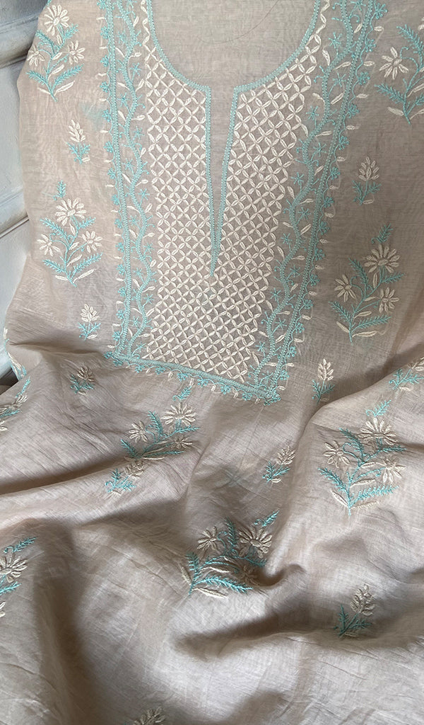 Women's Lakhnavi Handcrafted Mul Chanderi Unstitched Chikankari Full Suit Material - HONC0369252