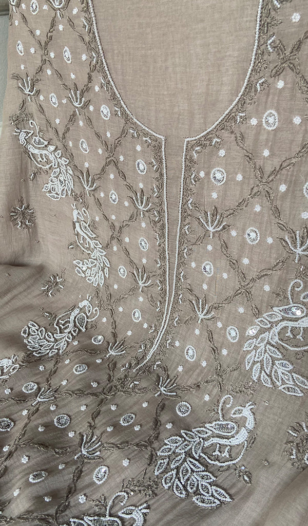 Women's Lakhnavi Handcrafted Mul Chanderi  Unstitched Chikankari Full Suit Material - HONC0339568