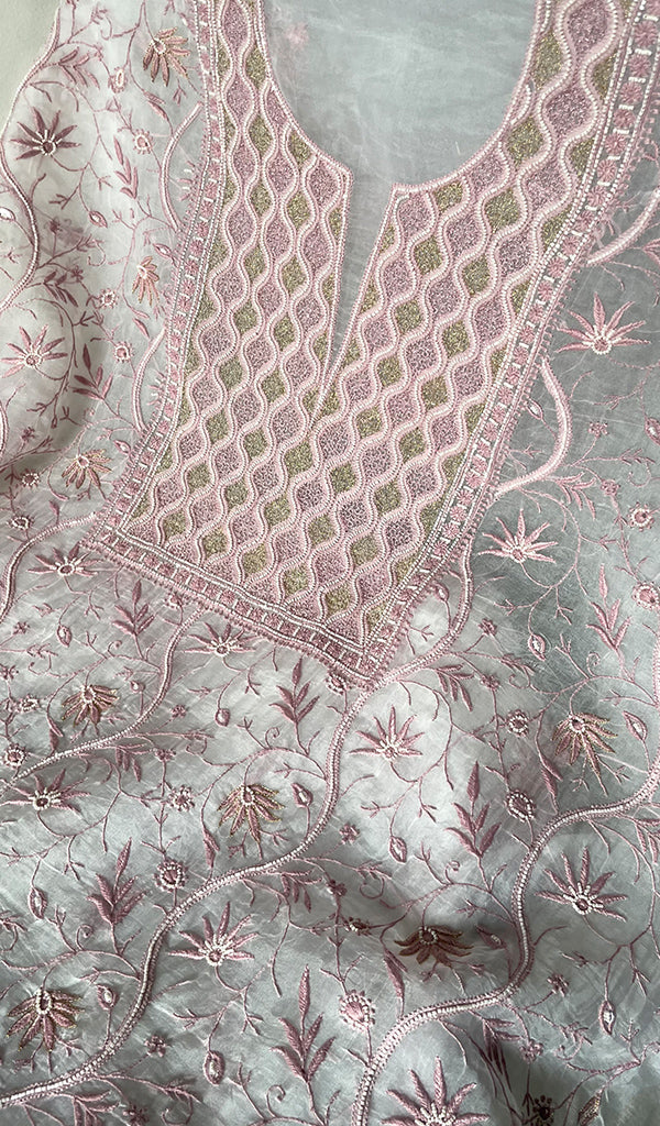 Women's Lakhnavi Handcrafted Pure Organza Chikankari Unstitched Kurta And Dupatta Set- HONC0316458