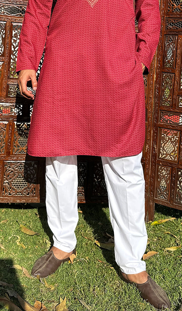 Men's Lucknowi Handcrafted Cotton Chikankari Kurta - HONC0237353
