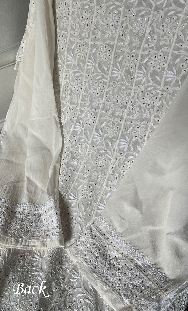 Women's Lakhnavi Handcrafted Pure Silk Georgette Chikankari Semi - Stitched Anarkali And Dupatta Set- HONC0302212