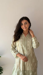 Load image into Gallery viewer, Women's Lucknowi Handcrafted Mul Chanderi Stitched Chikankari Kurta And Plazzo Set- HONC0378820