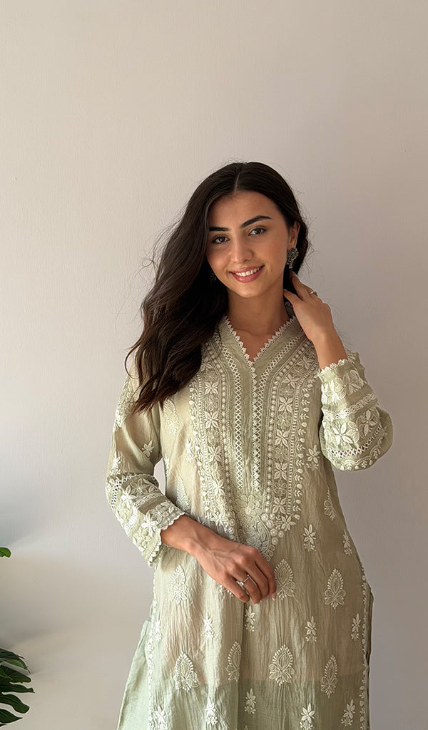 Women's Lucknowi Handcrafted Mul Chanderi Stitched Chikankari Kurta And Plazzo Set- HONC0378820