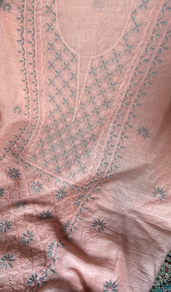 Women's Lakhnavi Handcrafted Mul Chanderi Unstitched Chikankari Full Suit Material - HONC0369250