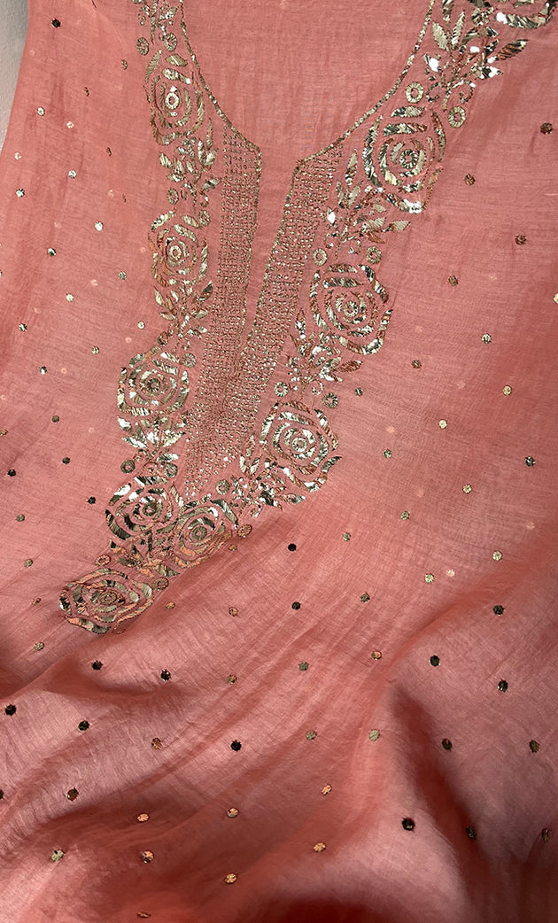 Women's Lakhnavi Handcrafted Mul Chanderi Unstitched Chikankari Full Suit Material - HONC0320777