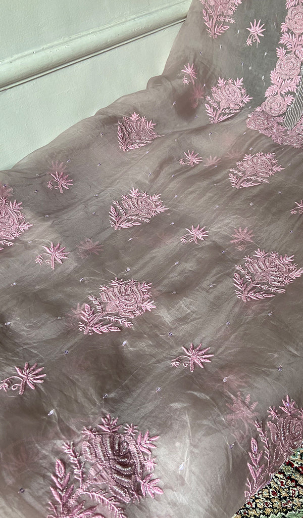 Women's Lakhnavi Handcrafted Pure Organza Chikankari Unstitched Kurta And Dupatta Set- HONC0361456