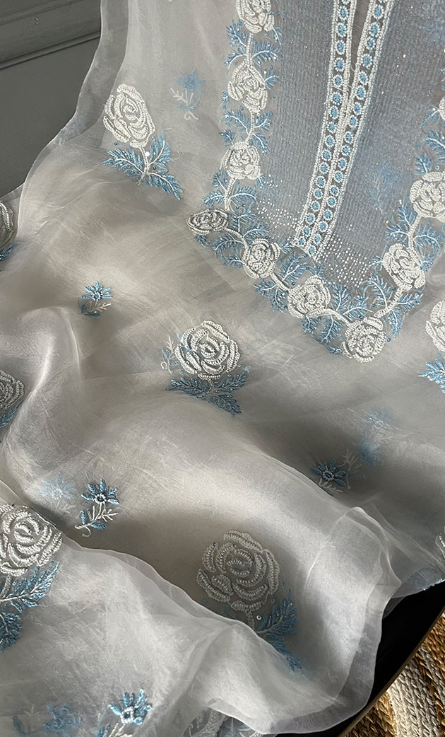 Women's Lakhnavi Handcrafted Pure Organza Chikankari Unstitched Kurta And Dupatta Set- HONC0305195