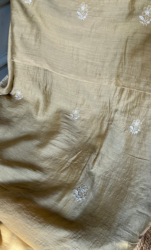 Women's Lakhnavi Handcrafted Munga Silk Unstitched Chikankari Kurta And Dupatta Set- HONC0282389