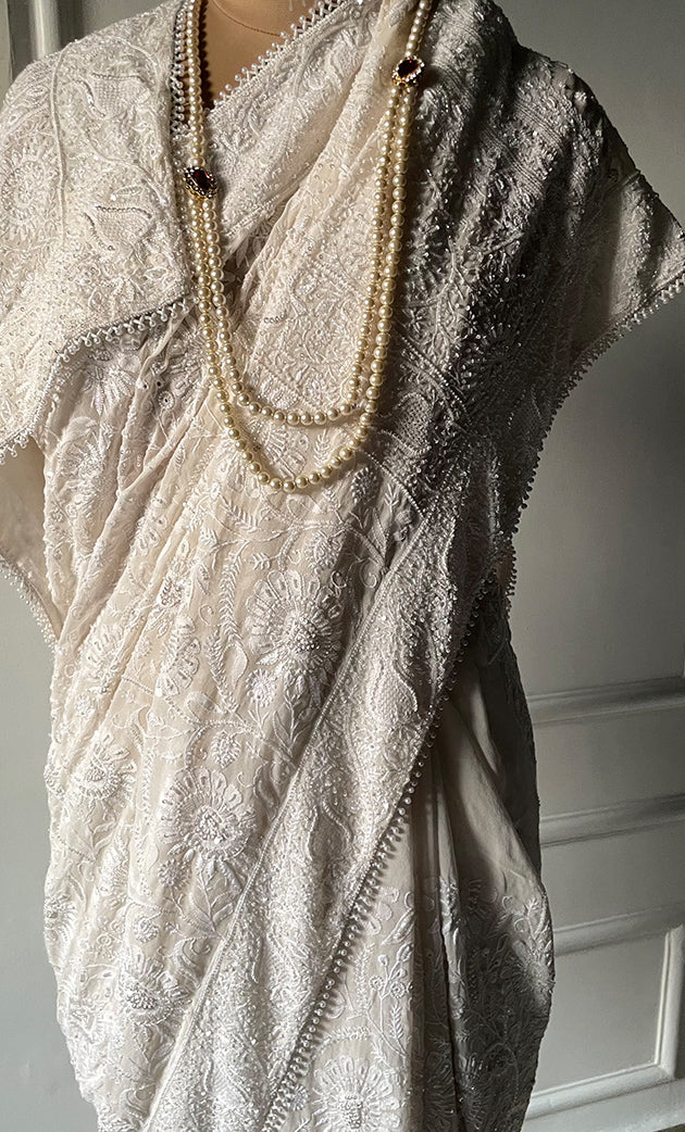 Women's Lakhnavi Handcrafted Pure Silk Georgette Chikankari Saree - HONC0297642