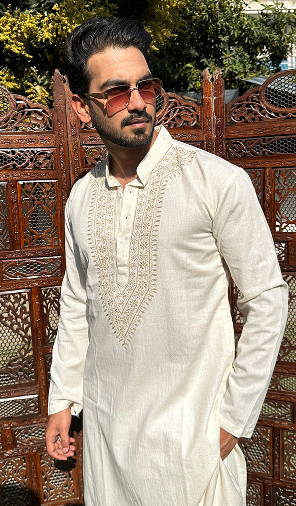 Men's Lucknowi Handcrafted Cotton Chikankari Kurta - HONC0342339