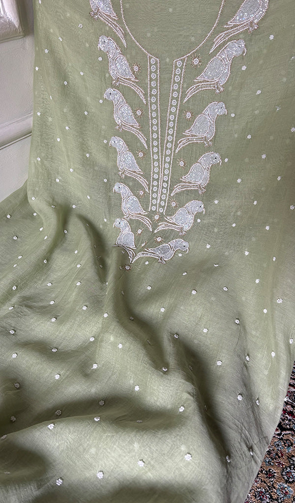 Chidiya Women's Lakhnavi Handcrafted Mul Chanderi Unstitched Kurta And Dupatta Set- HONC0349598
