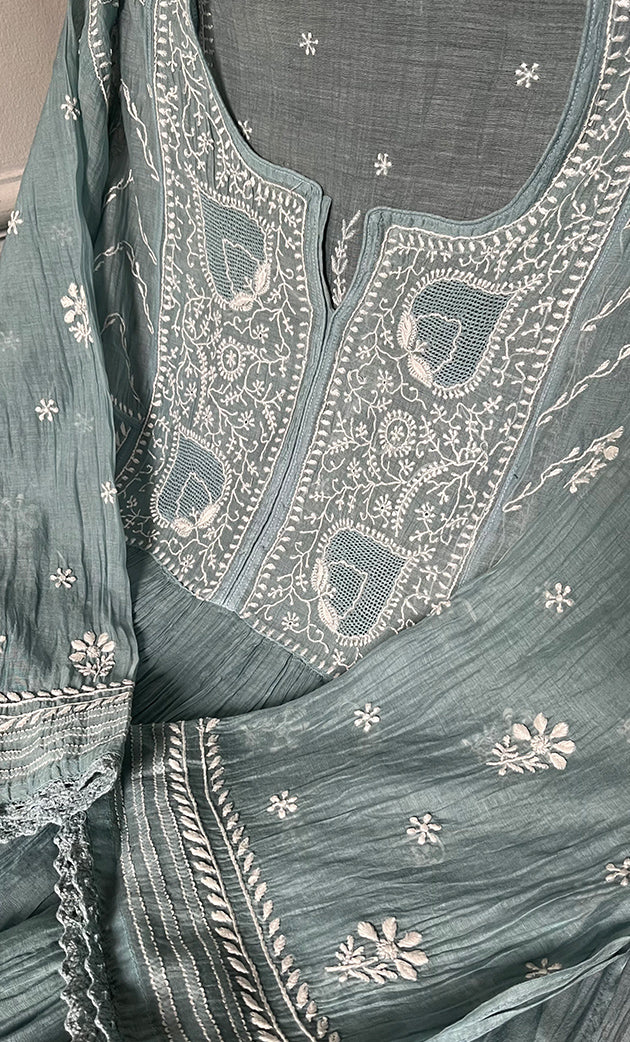 Izana Women's Lakhnavi Handcrafted Mul Chanderi Semi - stitched Chikankari Full Suit Material - HONC0333504