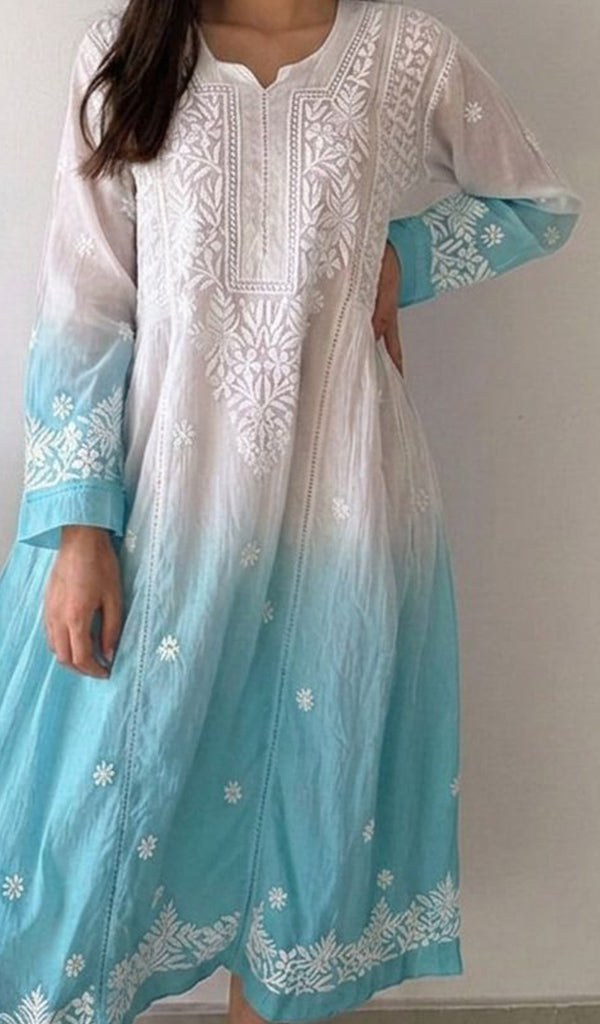 Fariah Women's Lucknowi Handcrafted Mul Chanderi Ombre  Chikankari Kurti - HONC05944584