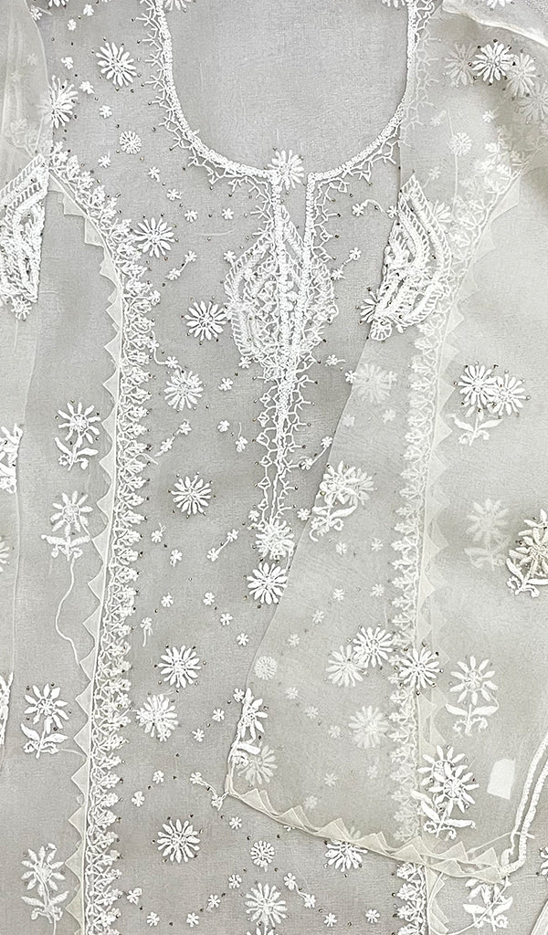 Lucknowi Handcrafted Pure Organza Silk Chikankari Semi-Stitched Kurti Fabric - HONC0215644