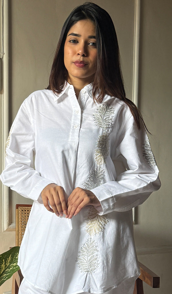 Enayat Women's Lakhnavi Handcrafted Linen Cotton Oversized Chikankari Oversized Kurta And Pant Set - HONC02936780