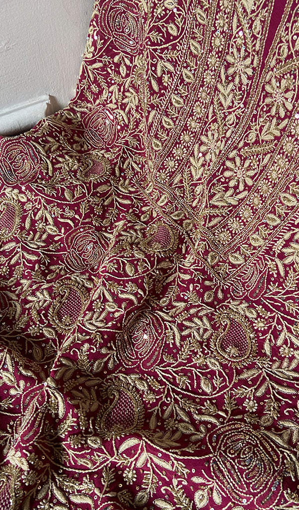 Women's Lakhnavi Handcrafted Pure Silk Georgette Chikankari Unstitched Kurta And Dupatta Set - HONC0329374