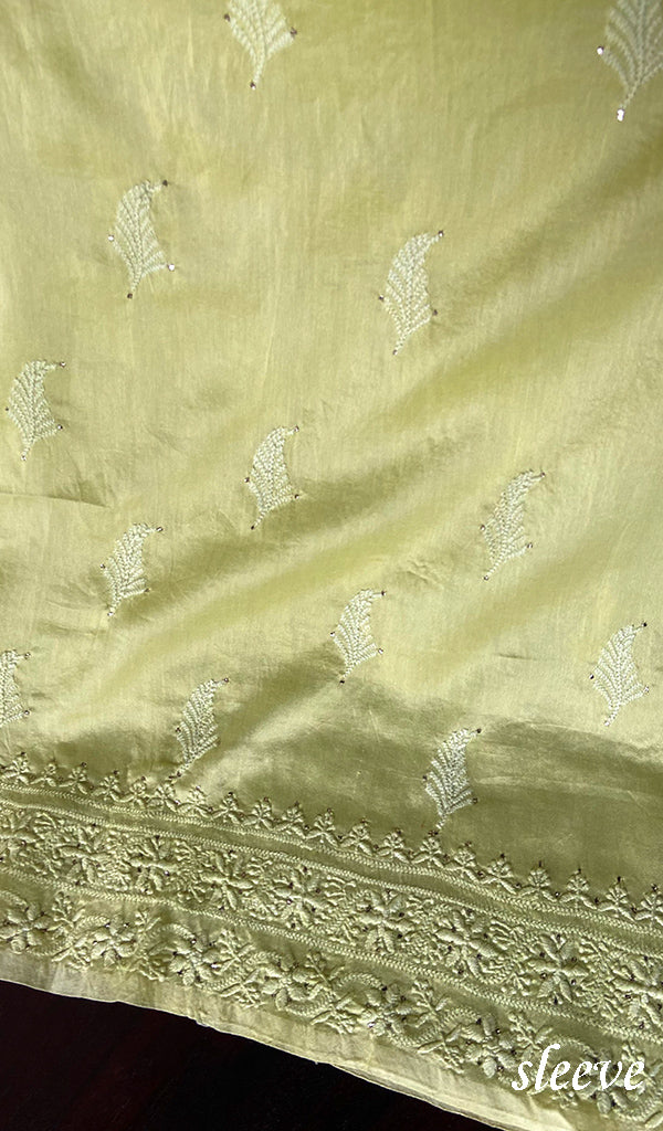 Women's Lakhnavi Handcrafted Chanderi Silk Chikankari Unstitched Kurti Fabric - HONC091933