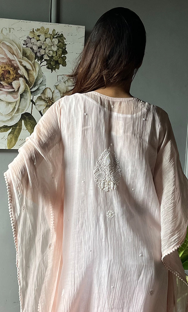 Rabia Women's Lucknowi Handcrafted Mul chanderi Chikankari Kaftan - HONC0304370