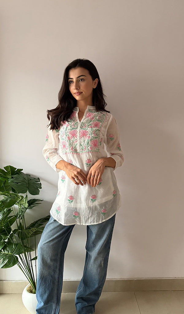 Sophia Women's Lakhnavi Handcrafted Mul Chanderi Chikankari Top - HONC0372703