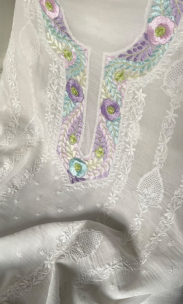Women's Lakhnavi Handcrafted Unstitched Cotton Chikankari Kurta Dupatta Set - HONC0326101