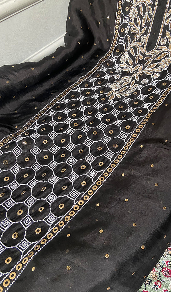 Women's Lakhnavi Handcrafted Pure Organza  Silk Chikankari Unstitched Full Suit Material - HONC0313611