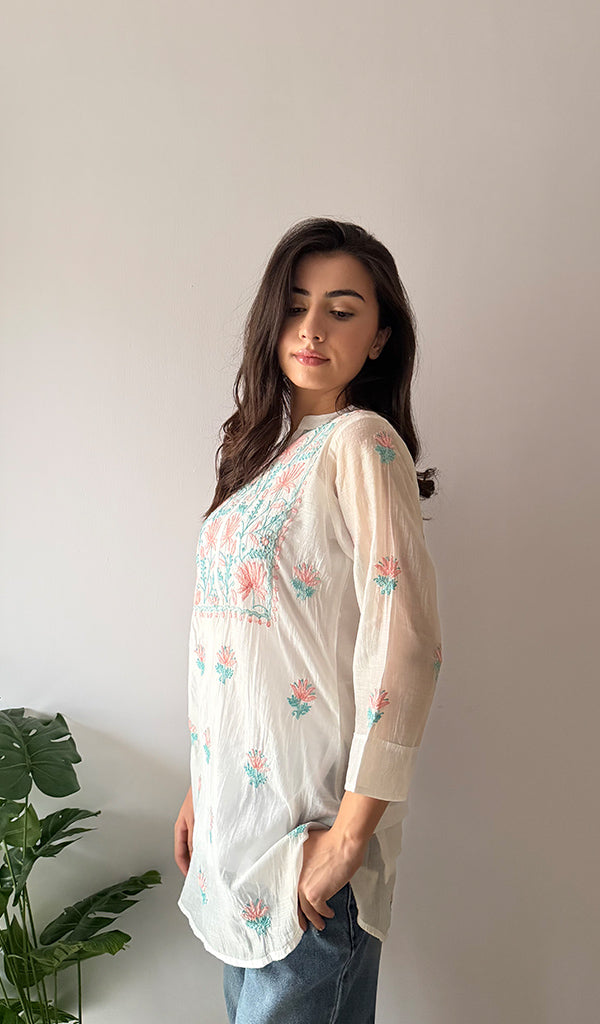 Women's Lakhnavi Handcrafted Mul Chanderi Chikankari Top - HONC0372701