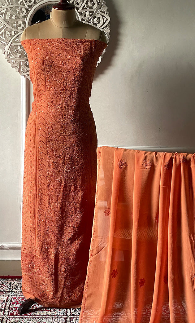 Women's Lakhnavi Handcrafted Viscose Georgette Chikankari Saree - HONC0318167