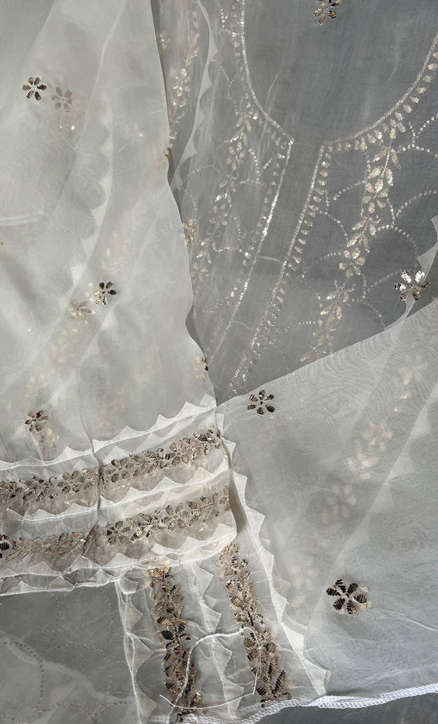 Women's Lakhnavi Handcrafted Pure Organza Chikankari Semi - stitched Kurta And Dupatta Set- HONC0331141