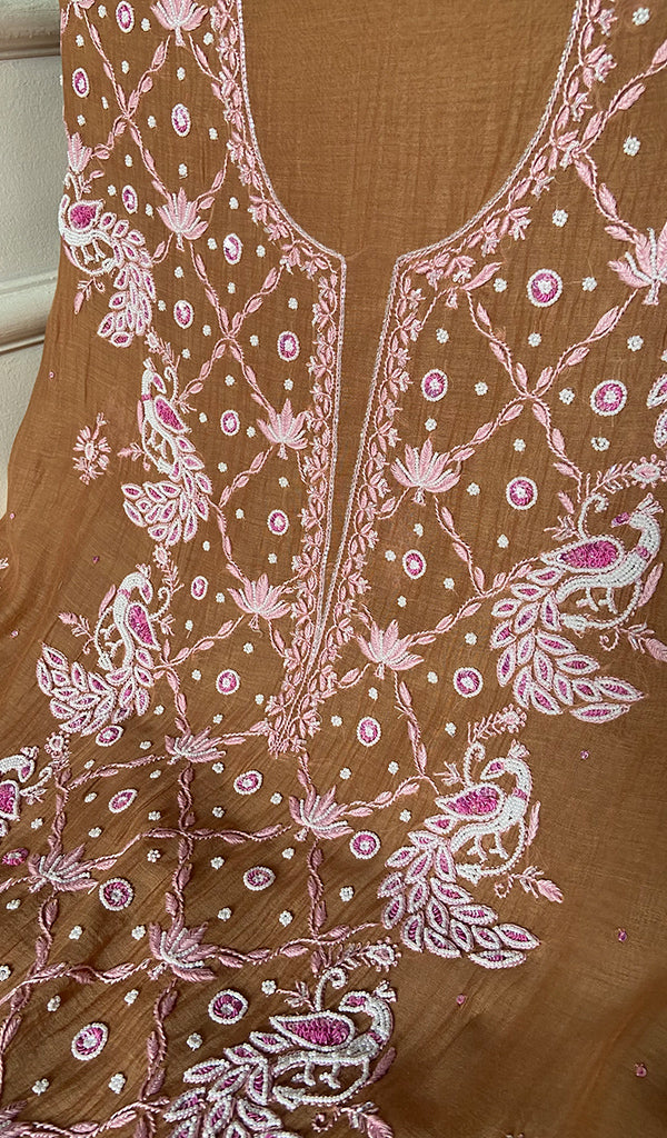 Women's Lakhnavi Handcrafted Mul Chanderi Unstitched Chikankari Full Suit Material - HONC0300387