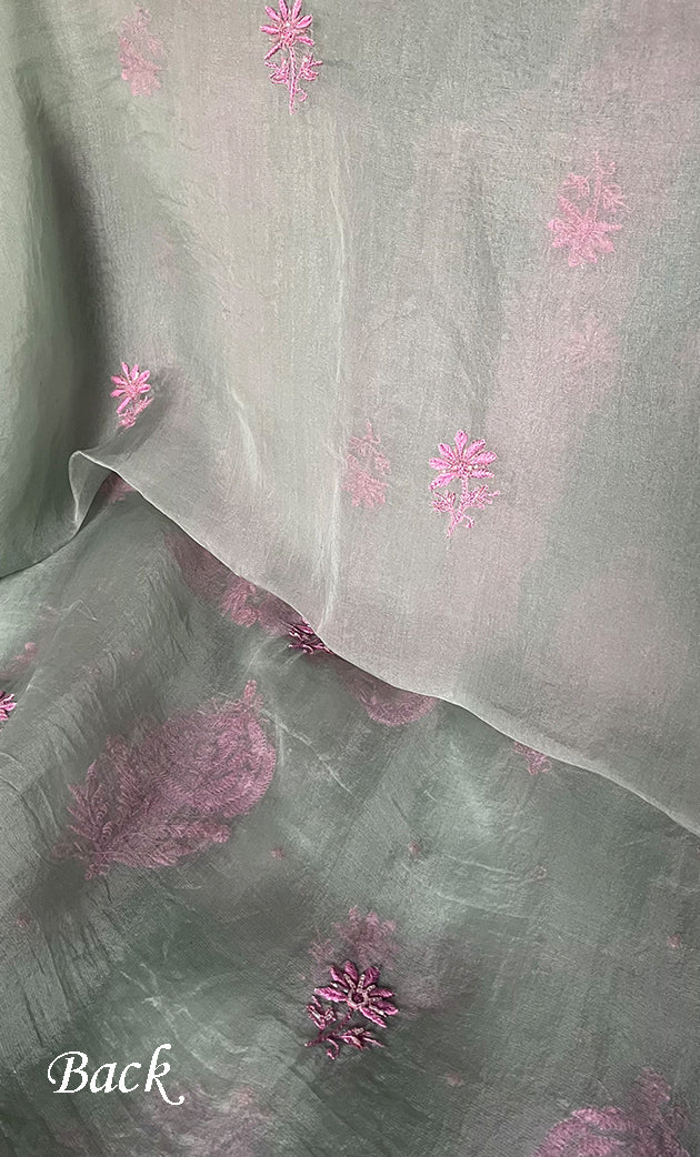 Gulaab Women's Lakhnavi Handcrafted Pure Organza Chikankari Unstitched Kurta And Dupatta Set - HONC0311847