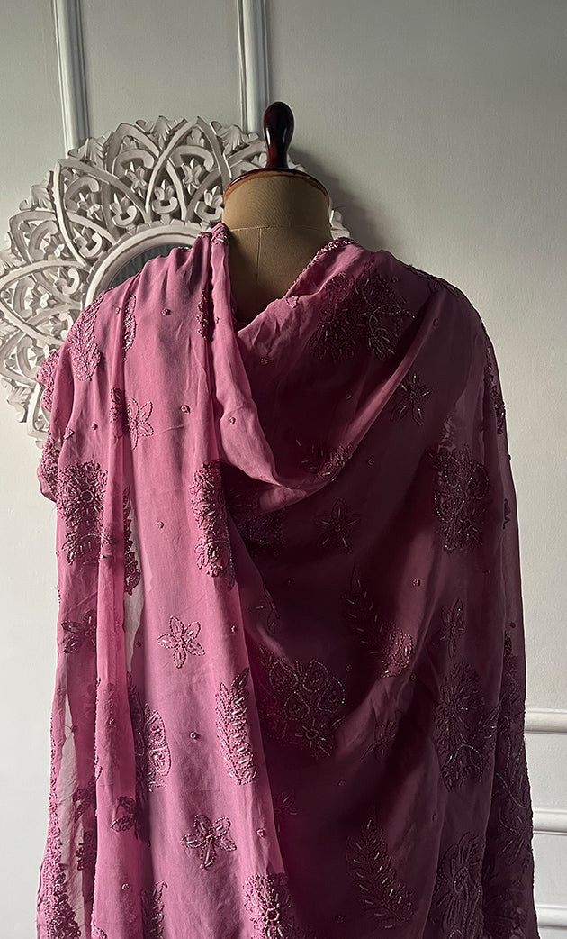 Women's Lakhnavi Handcrafted Viscose Georgette Chikankari Saree - HONC0329024