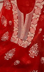 Load image into Gallery viewer, Women's Lakhnavi Handcrafted Pure Organza Chikankari Unstitched Kurta And Dupatta Set- HONC0311701