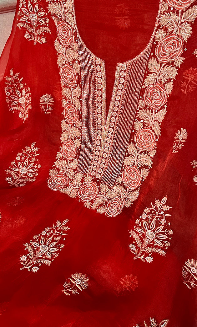 Women's Lakhnavi Handcrafted Pure Organza Chikankari Unstitched Kurta And Dupatta Set- HONC0311701