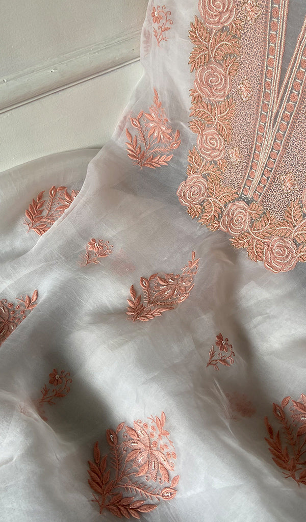 Mehnaj Women's Lakhnavi Handcrafted Pure Organza Chikankari Unstitched Kurta And Dupatta Set- HONC0340802