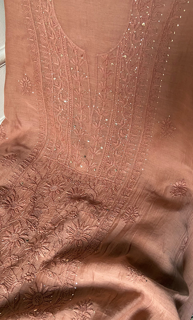 Women's Lakhnavi Handcrafted Mul Chanderi Unstitched Chikankari Full Suit Material - HONC0324502